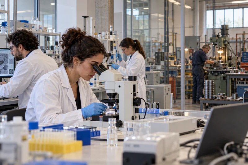 Laboratorio universitario italiano con ricercatori e officina di piccola impresa sullo sfondo; illustrazione editoriale IA.