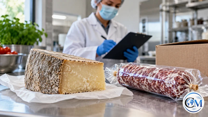 Illustrazione editoriale IA ultrarealistica di formaggio e salume sottoposti a controllo alimentare; scena non documentaria.