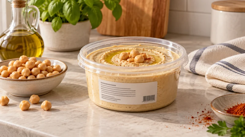 Illustrazione editoriale di una confezione generica di hummus di ceci; non è il prodotto richiamato.