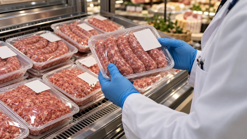 Illustrazione editoriale IA di confezioni di salumi controllate su un banco, senza marchi né dati personali; scena non documentaria.