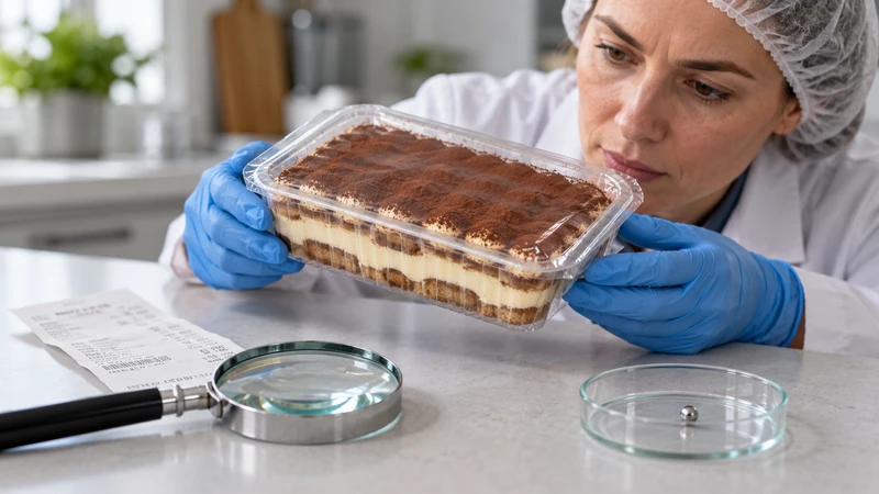 Illustrazione editoriale IA ultrarealistica di un controllo qualità su una vaschetta di tiramisù richiamata; scena non documentaria.