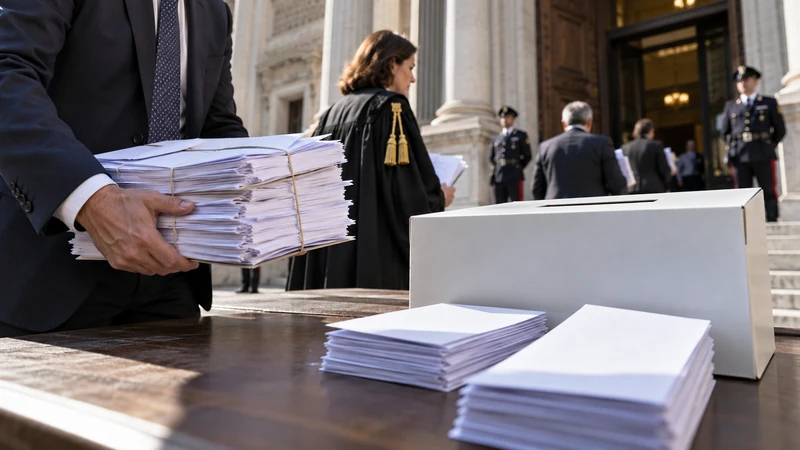 Illustrazione editoriale IA di fascicoli giudiziari e una scheda elettorale davanti a un tribunale italiano; scena simbolica non documentaria.