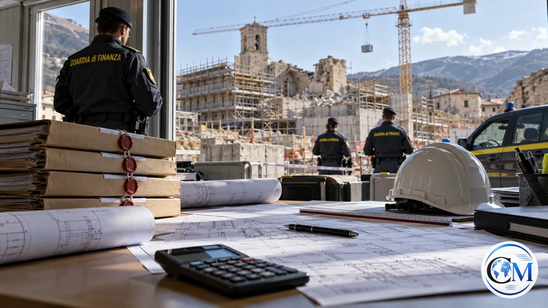 Illustrazione editoriale IA ultrarealistica di verifiche documentali della Guardia di Finanza accanto a un cantiere di ricostruzione; scena non documentaria.