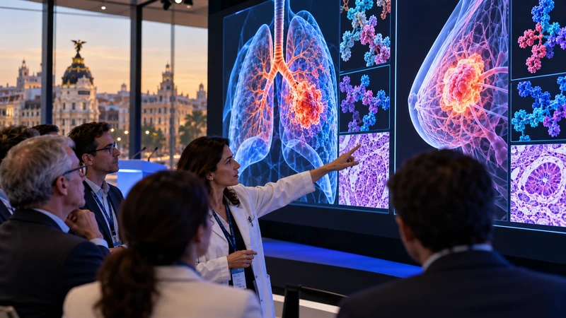 Illustrazione editoriale IA di oncologi che esaminano visualizzazioni molecolari sui tumori di polmone e mammella a Madrid.