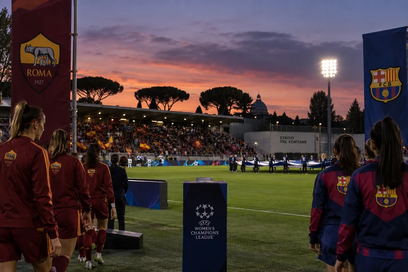 Illustrazione editoriale IA del Tre Fontane al tramonto per Roma-Barcellona femminile; scena non documentaria.