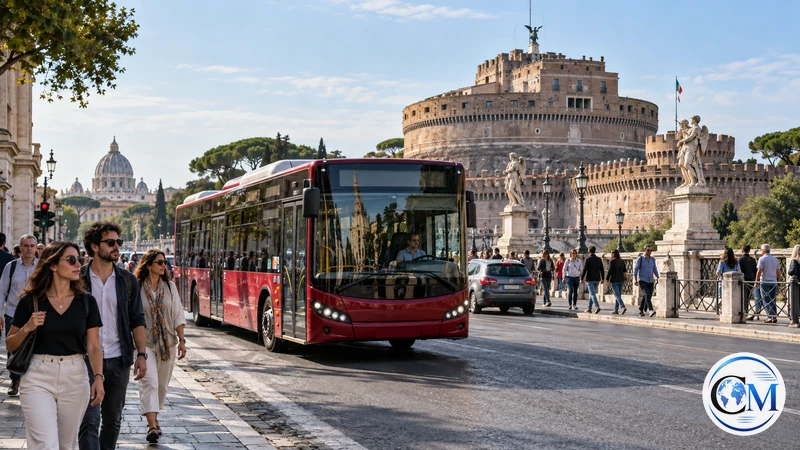 Illustrazione editoriale IA ultrarealistica di un autobus rosso presso Castel Sant'Angelo; non è una fotografia delle deviazioni.