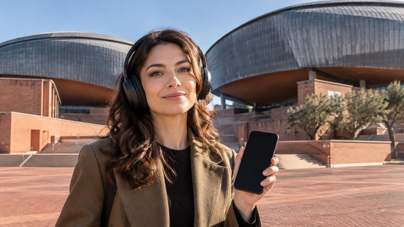 Illustrazione editoriale IA di un visitatore con telefono e cuffie davanti all’Auditorium Parco della Musica di Roma; non mostra l’interfaccia di MovieReading.