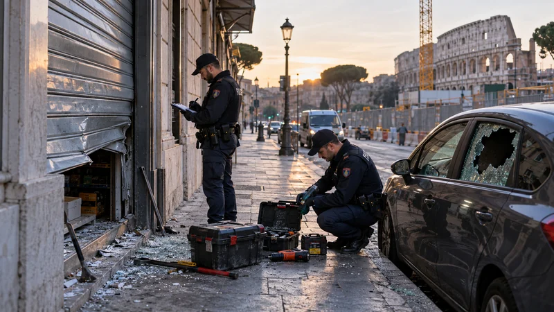 Illustrazione IA di agenti che documentano danni in una strada di Roma; non documenta gli interventi reali.