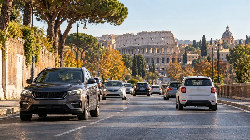 Traffico ordinario su una strada di Roma con il Colosseo sullo sfondo