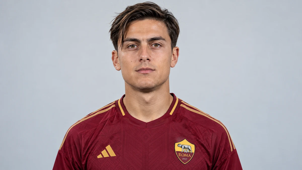 Ritratto editoriale neutrale e isolato di Paulo Dybala, somiglianza sintetica IA; non documenta un evento reale.