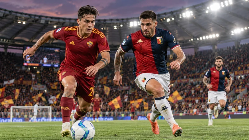 Illustrazione editoriale IA con giocatori della Roma e del Genoa in campo allo stadio Olimpico.