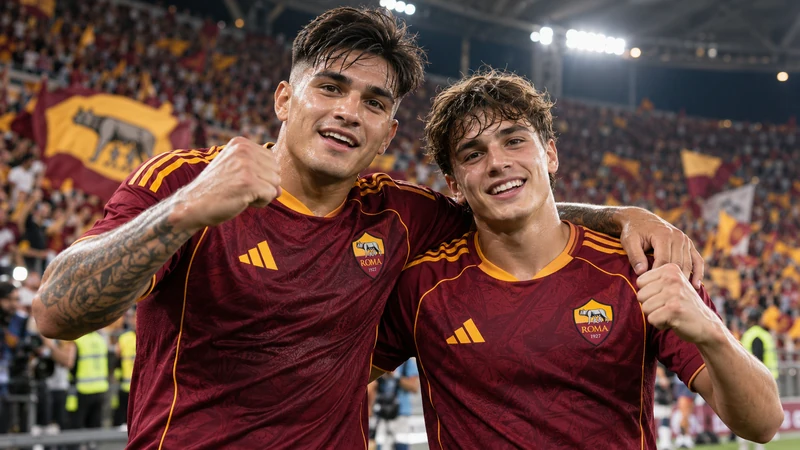 Santiago Castro e Lulli con la maglia della Roma celebrano la vittoria, illustrazione editoriale IA non documentaria.