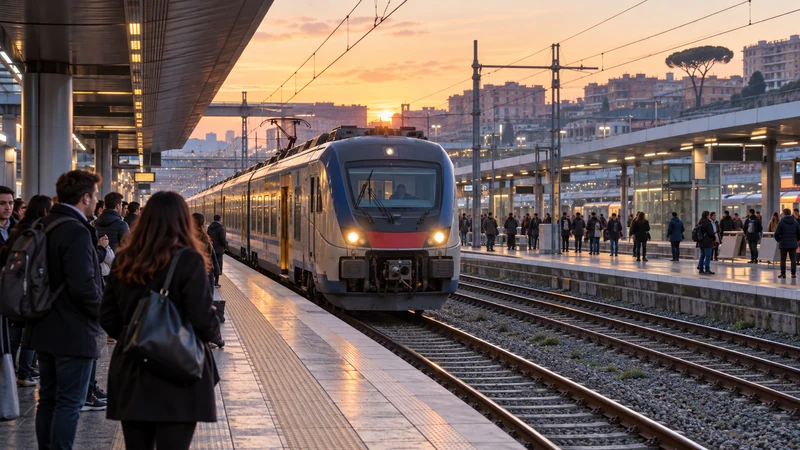 Illustrazione editoriale IA di un treno regionale in arrivo a Roma all’alba; non documenta la corsa citata.