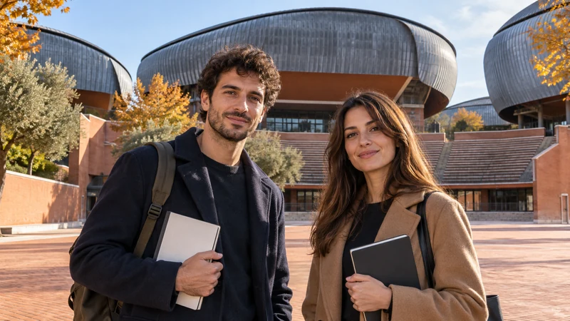 Illustrazione editoriale IA di visitatori nel contesto dell’Auditorium Parco della Musica di Roma; non ricostruisce un incontro con attori.