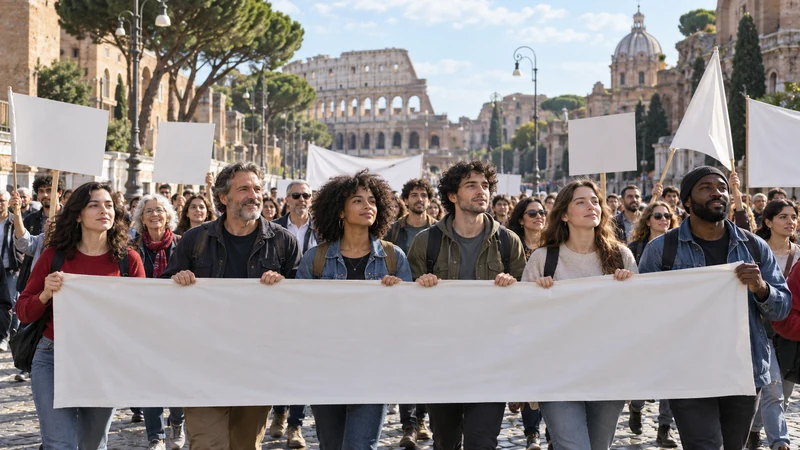 Illustrazione editoriale IA di una manifestazione pacifica a Roma; non documenta il corteo reale.