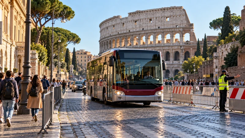 Illustrazione editoriale IA di un autobus tra transenne e pedoni nel centro di Roma; non rappresenta una deviazione specifica.