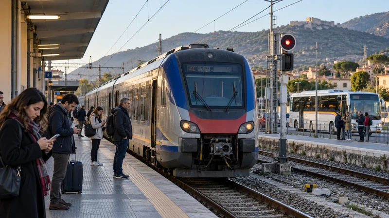 Illustrazione editoriale IA ultrarealistica di un treno fermo in stazione con bus sostitutivo e viaggiatori; scena non documentaria.