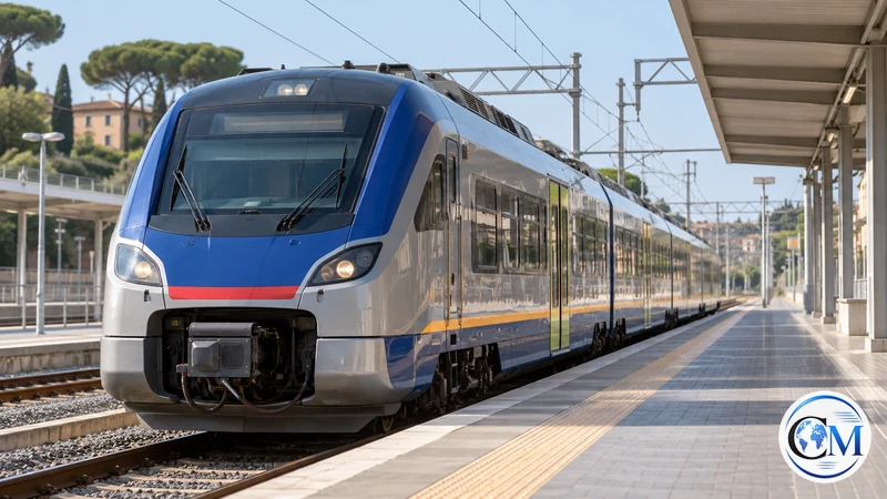 Illustrazione editoriale IA di un treno regionale in stazione nel Lazio; non documenta la frana o il tratto interrotto.