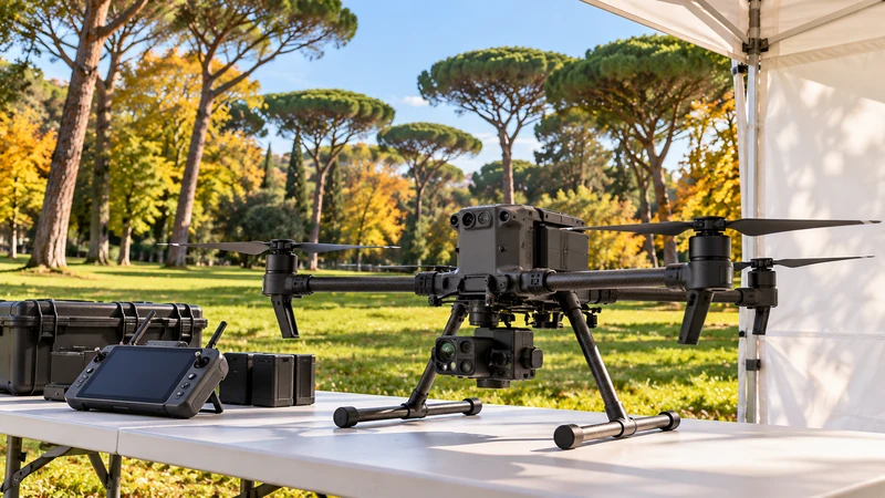 Illustrazione editoriale IA di un drone su un tavolo dimostrativo nel contesto di Villa Borghese; non documenta una dimostrazione reale.