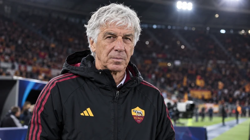 Illustrazione editoriale IA con Gian Piero Gasperini in un contesto sportivo pertinente; scena non documentaria.