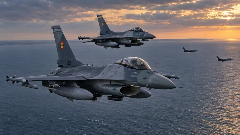 Illustrazione editoriale IA di due F-16 romeni in volo sul Mar Nero con droni lontani, senza esplosioni o vittime visibili.