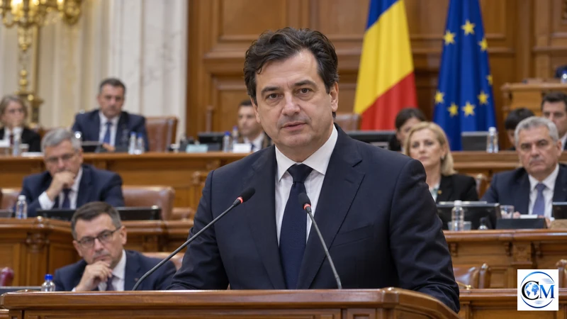 Ritratto editoriale del premier romeno Luca Niculescu davanti al Parlamento di Bucarest