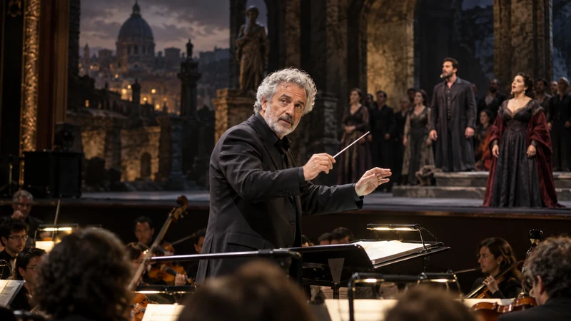 Direttore d'orchestra e cantanti durante la prova di una nuova opera in teatro; illustrazione editoriale IA, non documentaria.