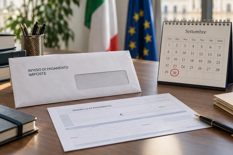 Avviso di pagamento e calendario sul 30 settembre in un ufficio italiano, illustrazione editoriale IA.