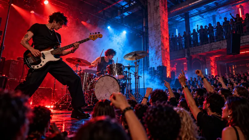 Un duo rock suona in un club industriale milanese, illustrazione editoriale IA non documentaria.