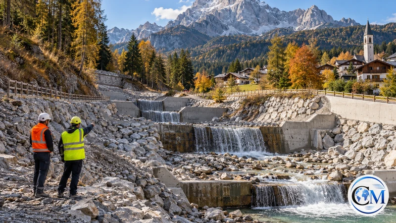 Illustrazione editoriale IA ultrarealistica delle opere idrauliche sul Ru Secco nelle Dolomiti; scena non documentaria.