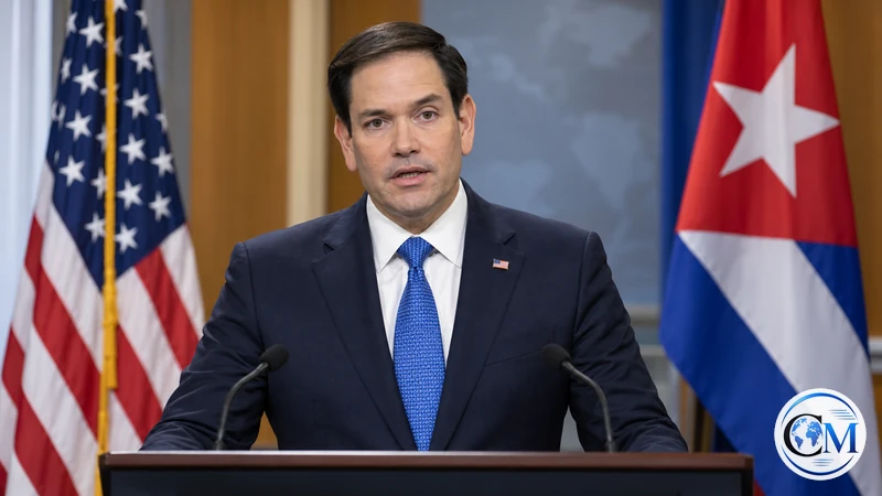 Illustrazione editoriale IA con ritratto neutrale di Marco Rubio davanti alle bandiere statunitense e cubana; non è una fotografia documentaria.