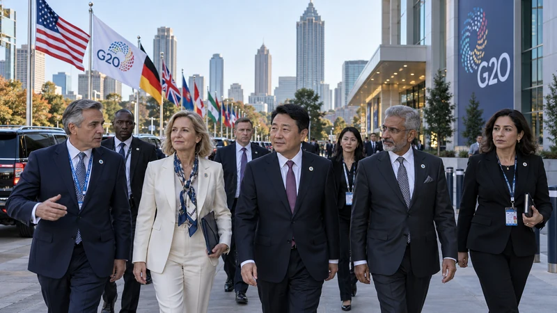Illustrazione editoriale IA di delegazioni diplomatiche che arrivano alla riunione G20 di Atlanta; scena non documentaria.