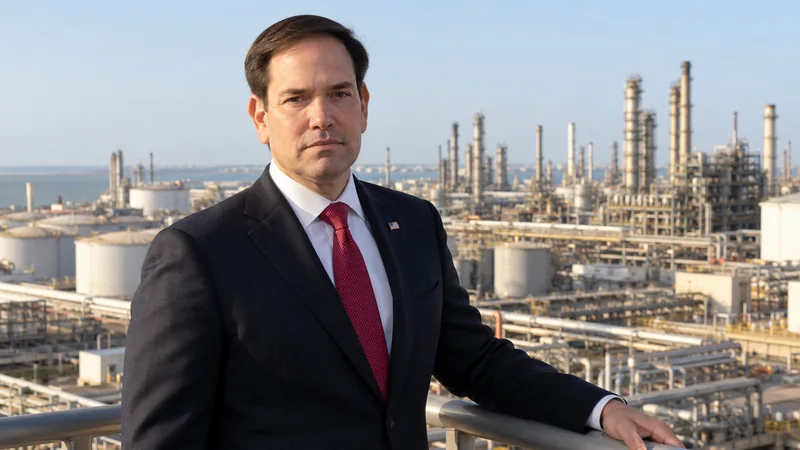 Illustrazione editoriale IA con Marco Rubio davanti a una raffineria indiana; scena non documentaria.