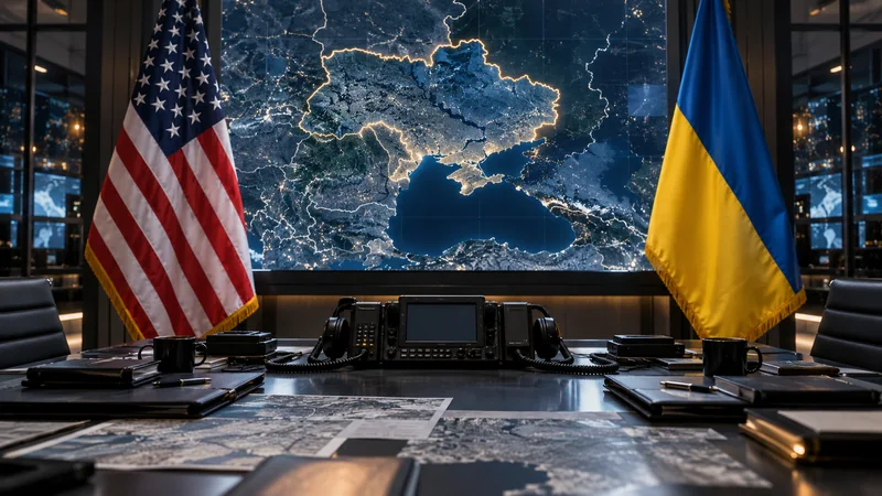 Illustrazione editoriale IA di una sala comunicazioni con bandiere statunitense e ucraina.