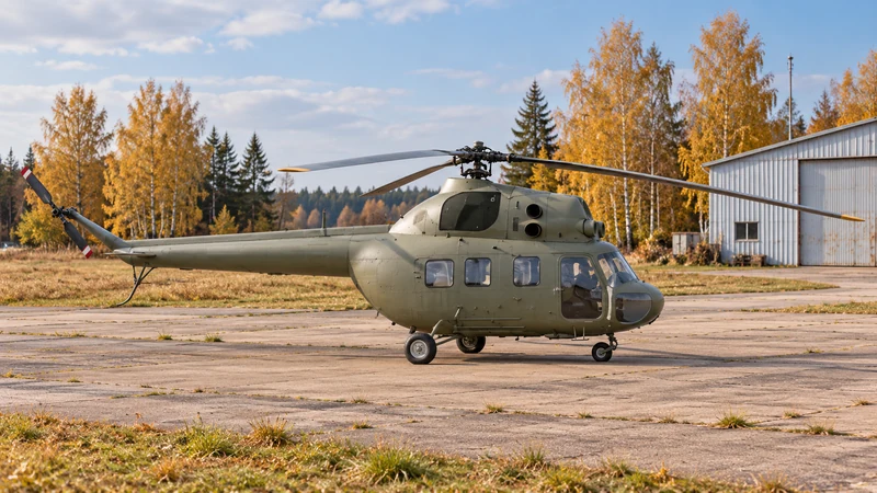 Illustrazione editoriale IA di un elicottero Mil Mi-2 integro e parcheggiato in sicurezza; immagine di contesto, senza ricostruzione del ribaltamento.