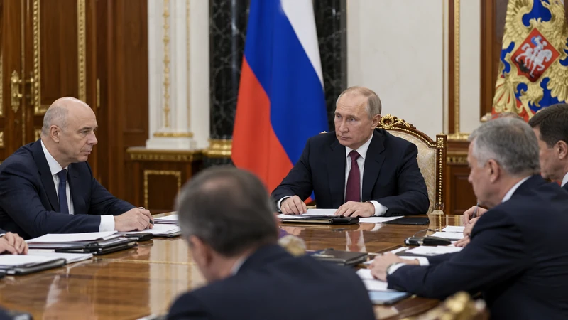Illustrazione editoriale IA di una riunione di governo al Cremlino con Vladimir Putin e Anton Siluanov.