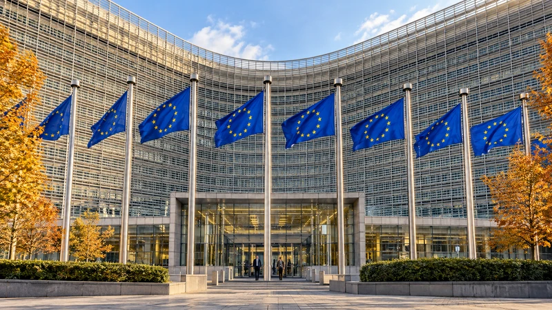 Illustrazione editoriale IA della sede della Commissione europea a Bruxelles; non documenta approvazioni o pagamenti.