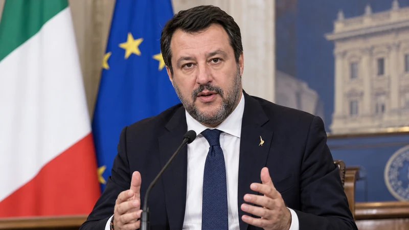 Ritratto editoriale neutrale IA ultrarealistico con somiglianza sintetica di Matteo Salvini durante una dichiarazione istituzionale; scena non documentaria.