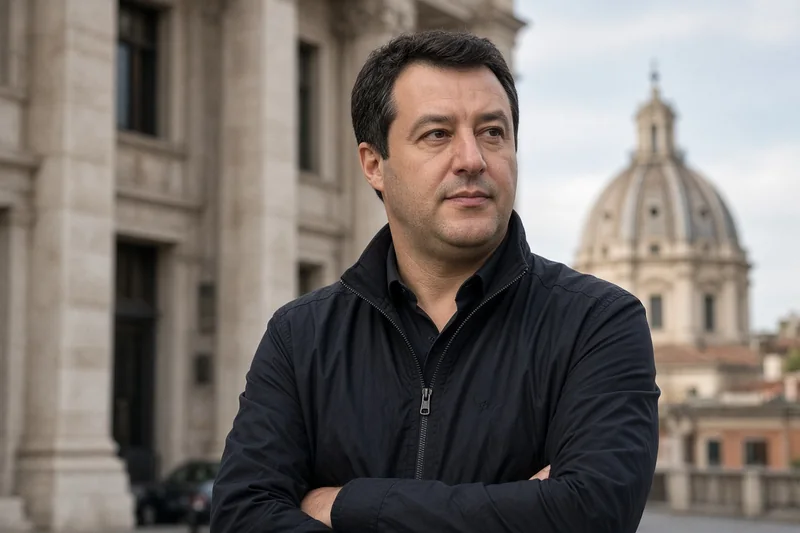 Scena editoriale contestuale generata con IA: Matteo Salvini riconoscibile all’aperto a Roma; somiglianza sintetica, non una fotografia documentaria.
