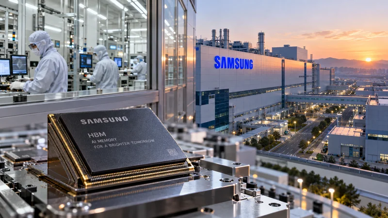 Stabilimento Samsung per semiconduttori con tecnici in camera bianca e modulo di memoria HBM