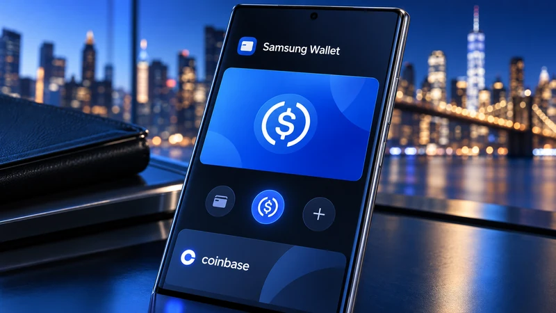 Illustrazione editoriale IA ultrarealistica di uno smartphone Samsung Wallet con simbolo USDC e custodia Coinbase; scena non documentaria.
