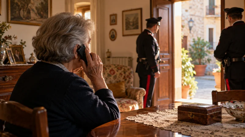 Illustrazione IA di una donna anziana al telefono con due Carabinieri presenti nell'abitazione; non documenta il caso reale.