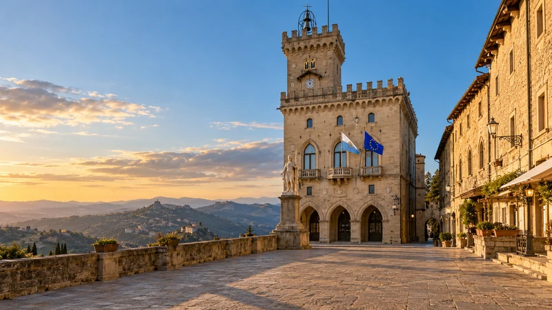 Illustrazione IA del Palazzo Pubblico di San Marino con bandiere sammarinese ed europea, senza ricostruire la cerimonia della firma.