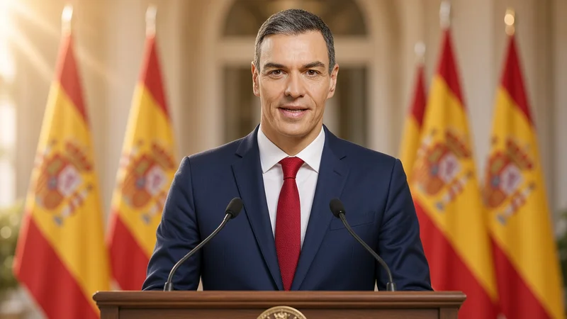 Illustrazione editoriale IA di Pedro Sánchez al podio di Moncloa con bandiere spagnole.