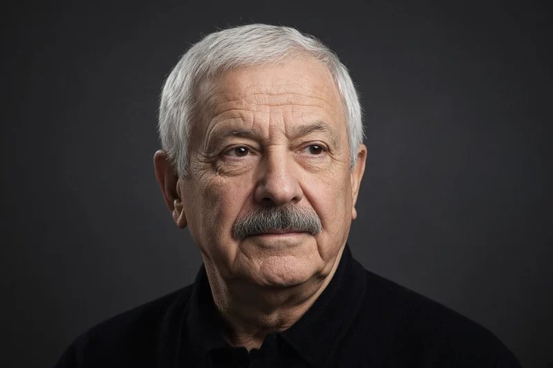 Ritratto editoriale neutrale isolato generato con IA di Sandro Mazzola anziano, baffi e capelli grigi, su fondo scuro; somiglianza sintetica, non è una fotografia documentaria.