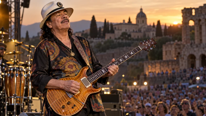 Illustrazione editoriale IA di Carlos Santana durante un concerto estivo in Italia; scena non documentaria.