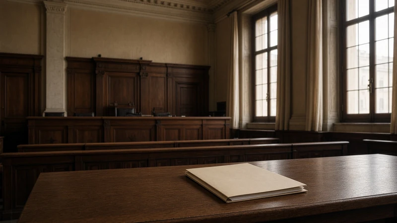 Aula di tribunale vuota con un fascicolo chiuso; illustrazione editoriale, non il processo.