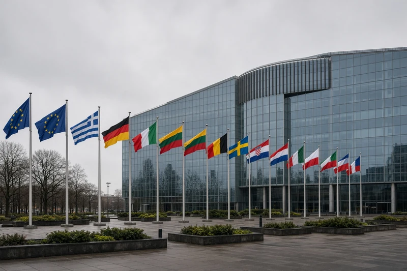 Bandiere dell'Unione europea e degli Stati membri davanti a un edificio istituzionale a Bruxelles; illustrazione editoriale IA non documentaria.