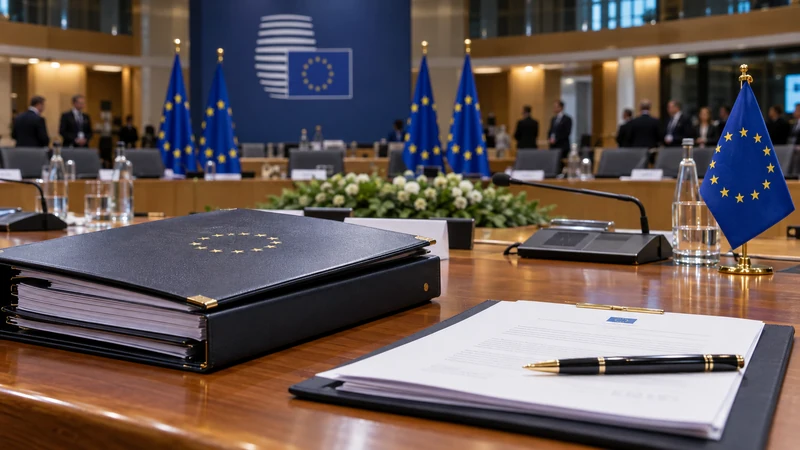 Illustrazione editoriale IA di documenti del Consiglio UE e simboli di congelamento finanziario su un tavolo istituzionale; scena non documentaria.