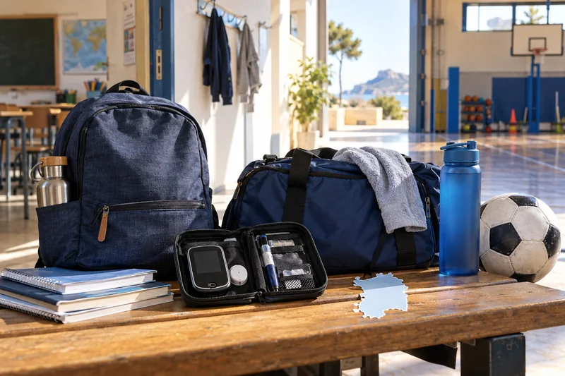 Scena editoriale fotorealistica generata con IA con zaino scolastico, borsa sportiva e kit per il monitoraggio del diabete in una scuola sarda; nessun minore identificabile.